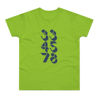 Lime green t-shirt with stacked navy blue numbers 33, 45, 78.
