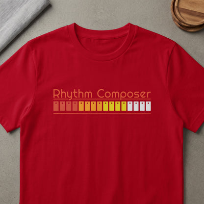 Red t-shirt with "Rhythm Composer" text and a colorful equalizer bar graphic.