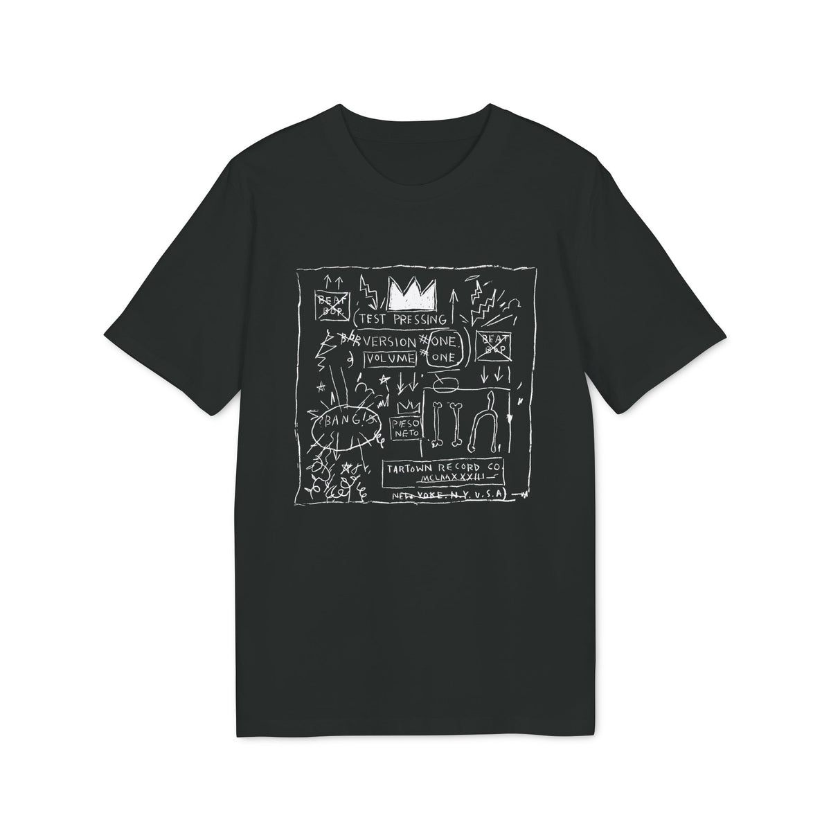 Black t-shirt with white "Test Pressing" graphic, crown, bones, and text.