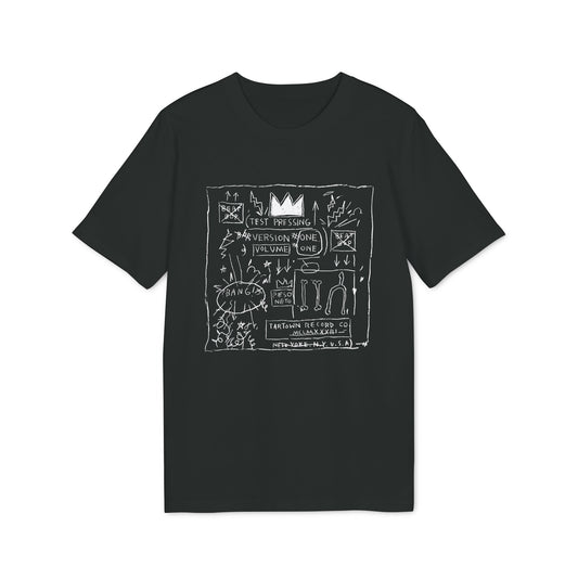 Black t-shirt with white "Test Pressing" graphic, crown, bones, and text.