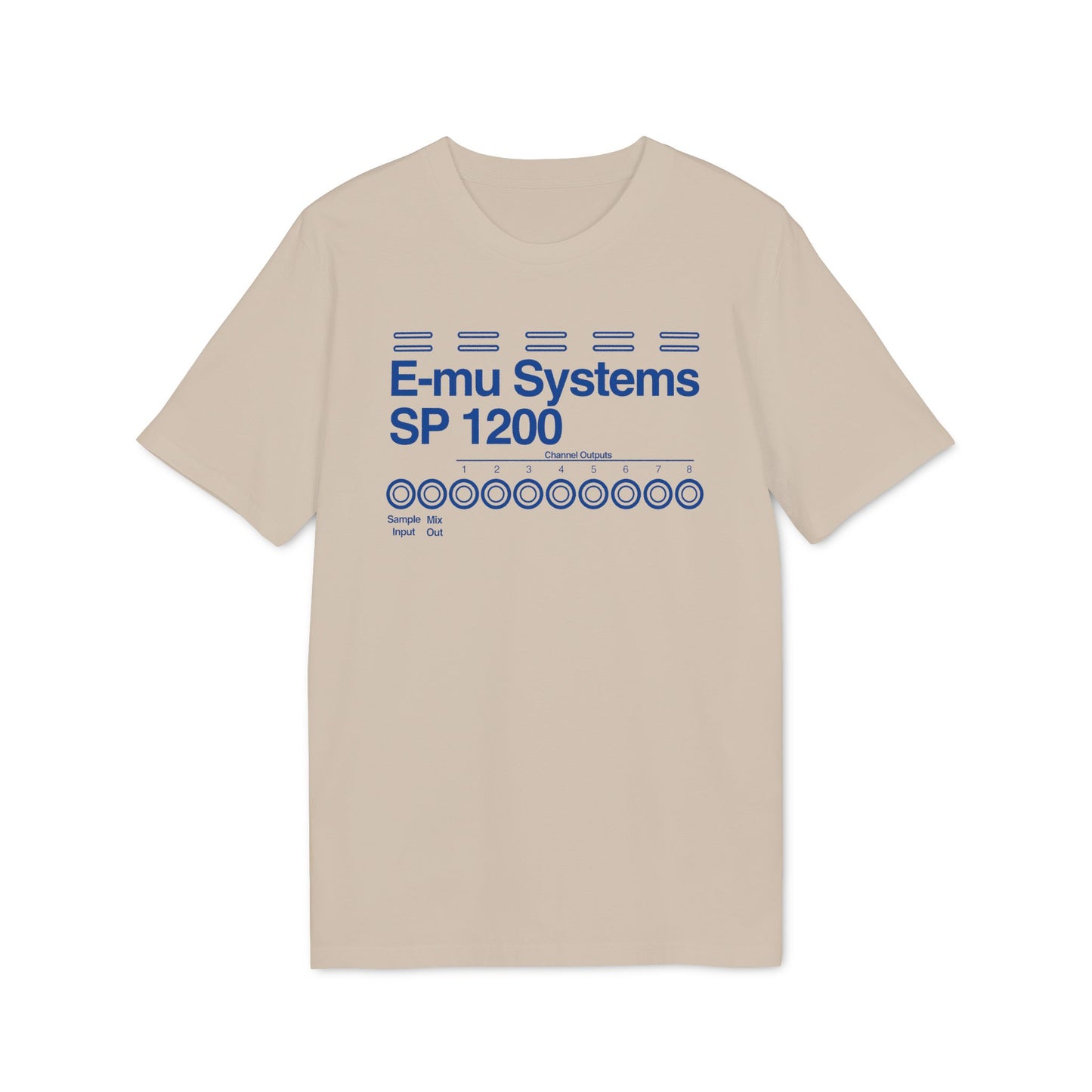 Tan t-shirt with blue E-mu Systems SP 1200 graphic and channel outputs.