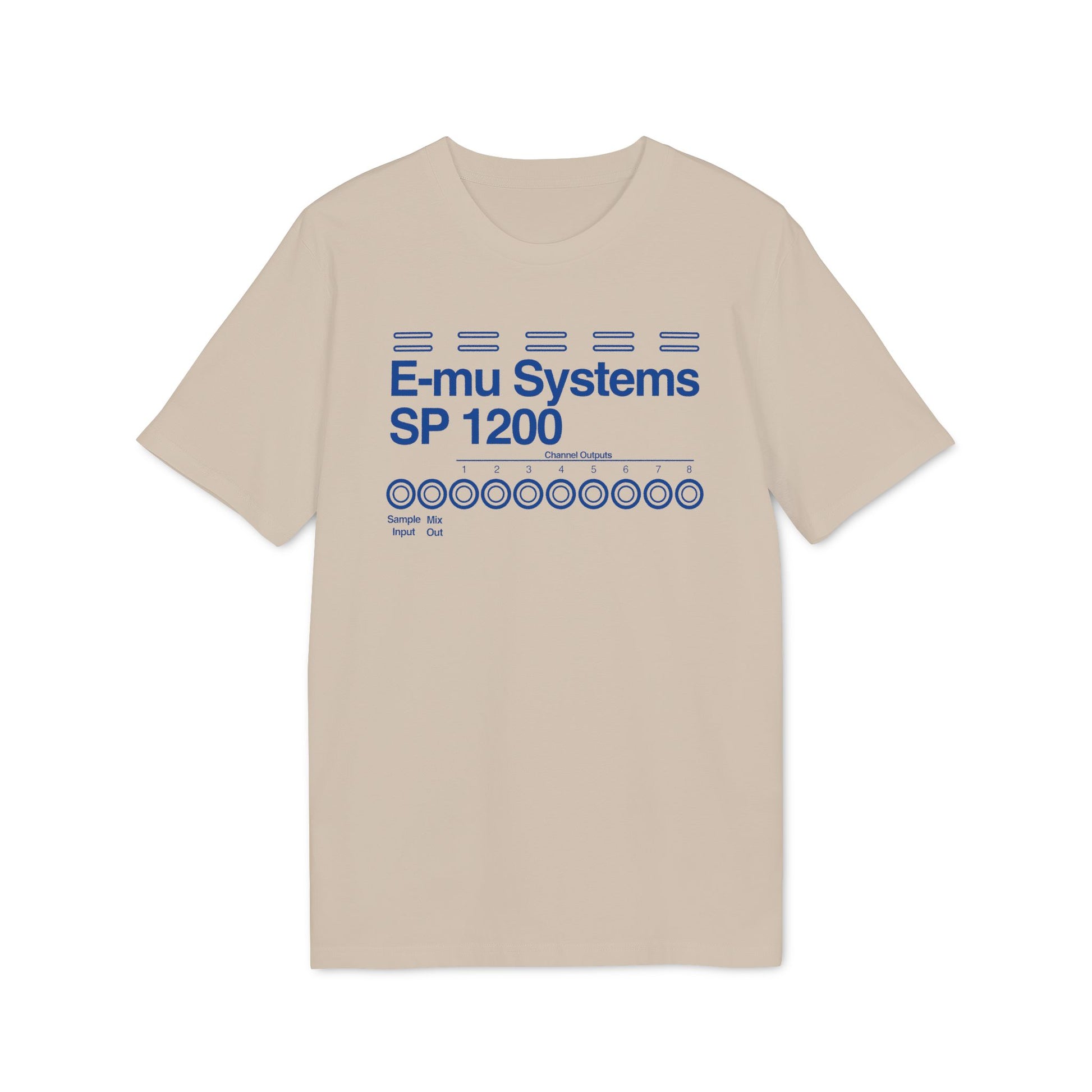 Tan t-shirt with blue E-mu Systems SP 1200 graphic and channel outputs.
