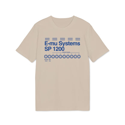 Tan t-shirt with blue E-mu Systems SP 1200 graphic and channel outputs.