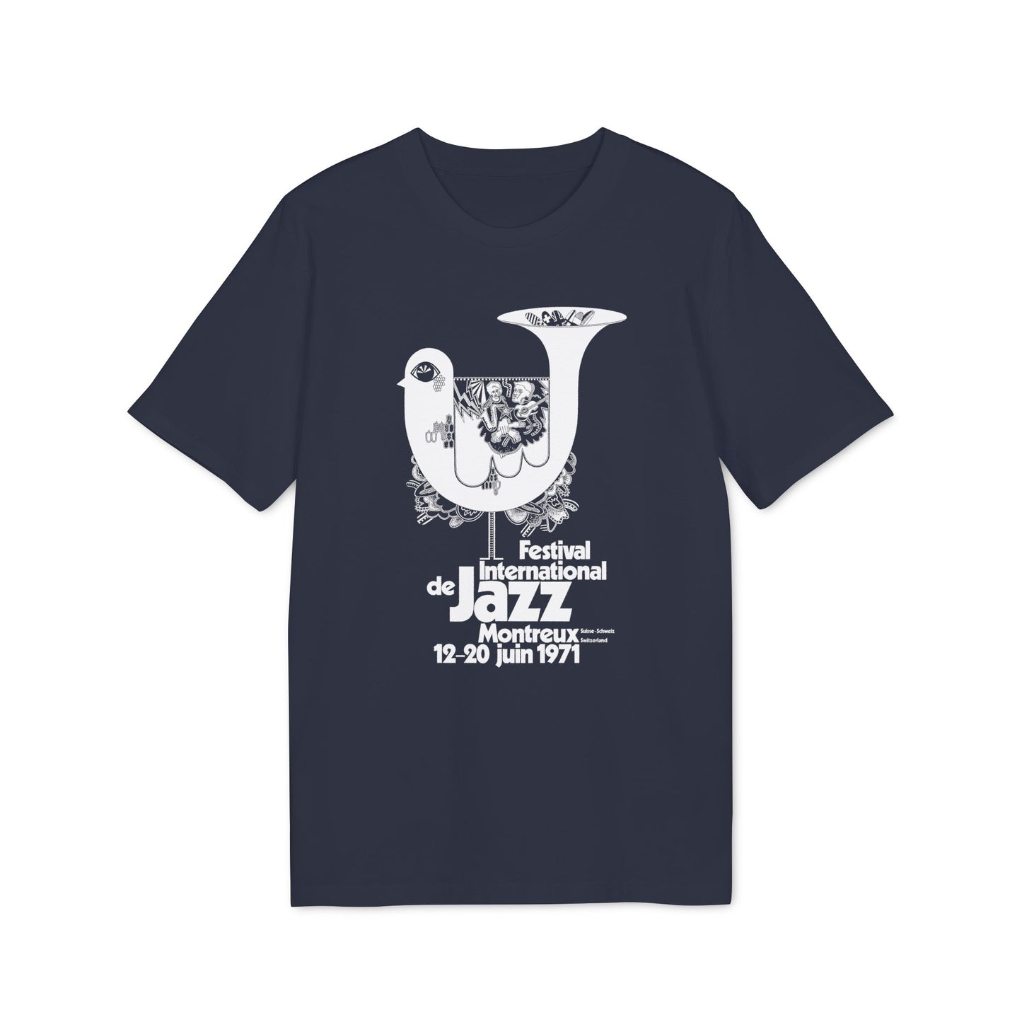 Montreux Jazz Festival 1971 t-shirt with white bird and trumpet graphic.