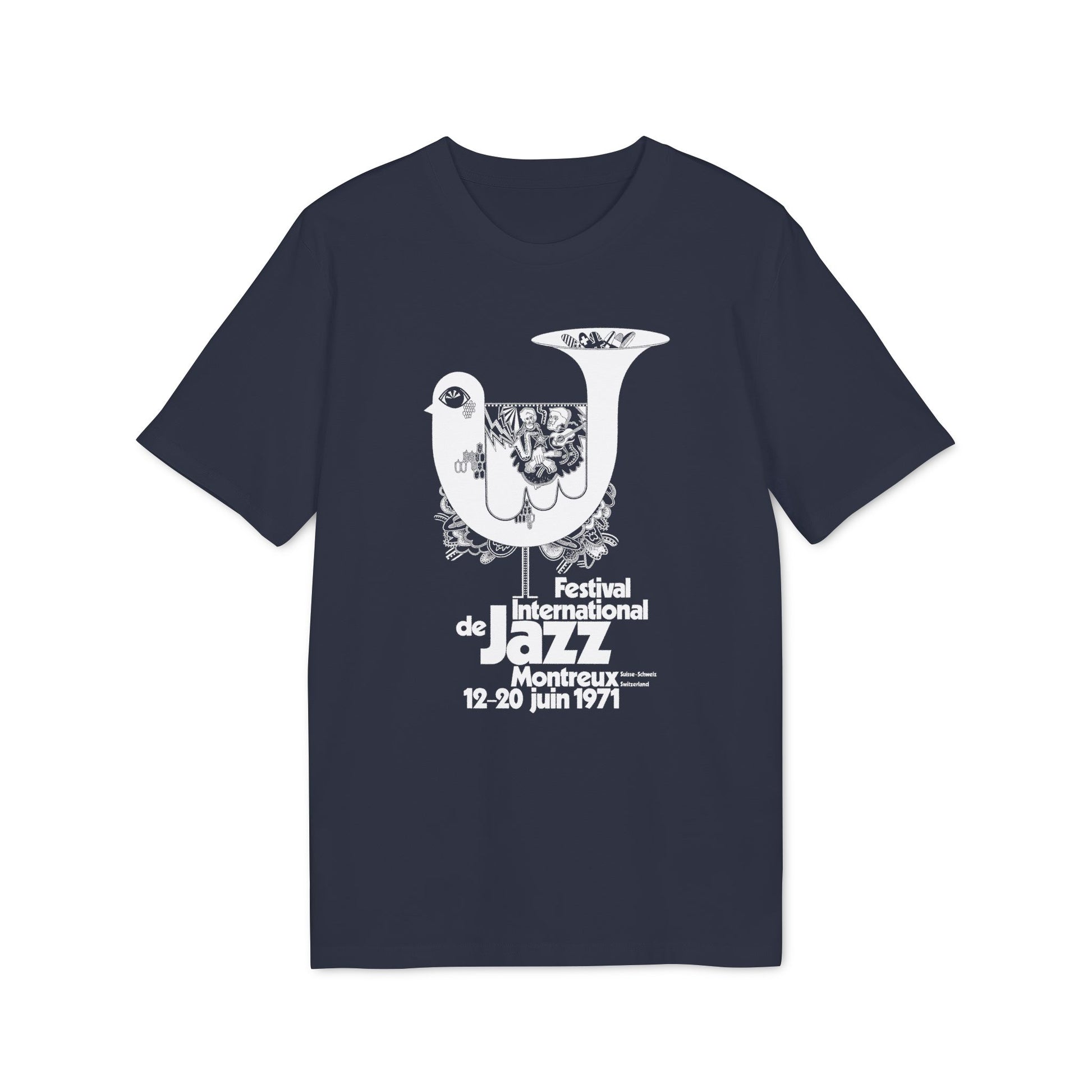 Montreux Jazz Festival 1971 t-shirt with white bird and trumpet graphic.