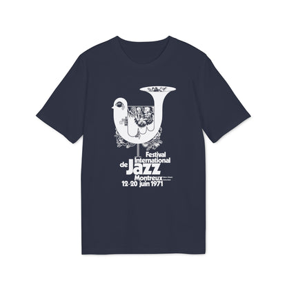 Montreux Jazz Festival 1971 t-shirt with white bird and trumpet graphic.