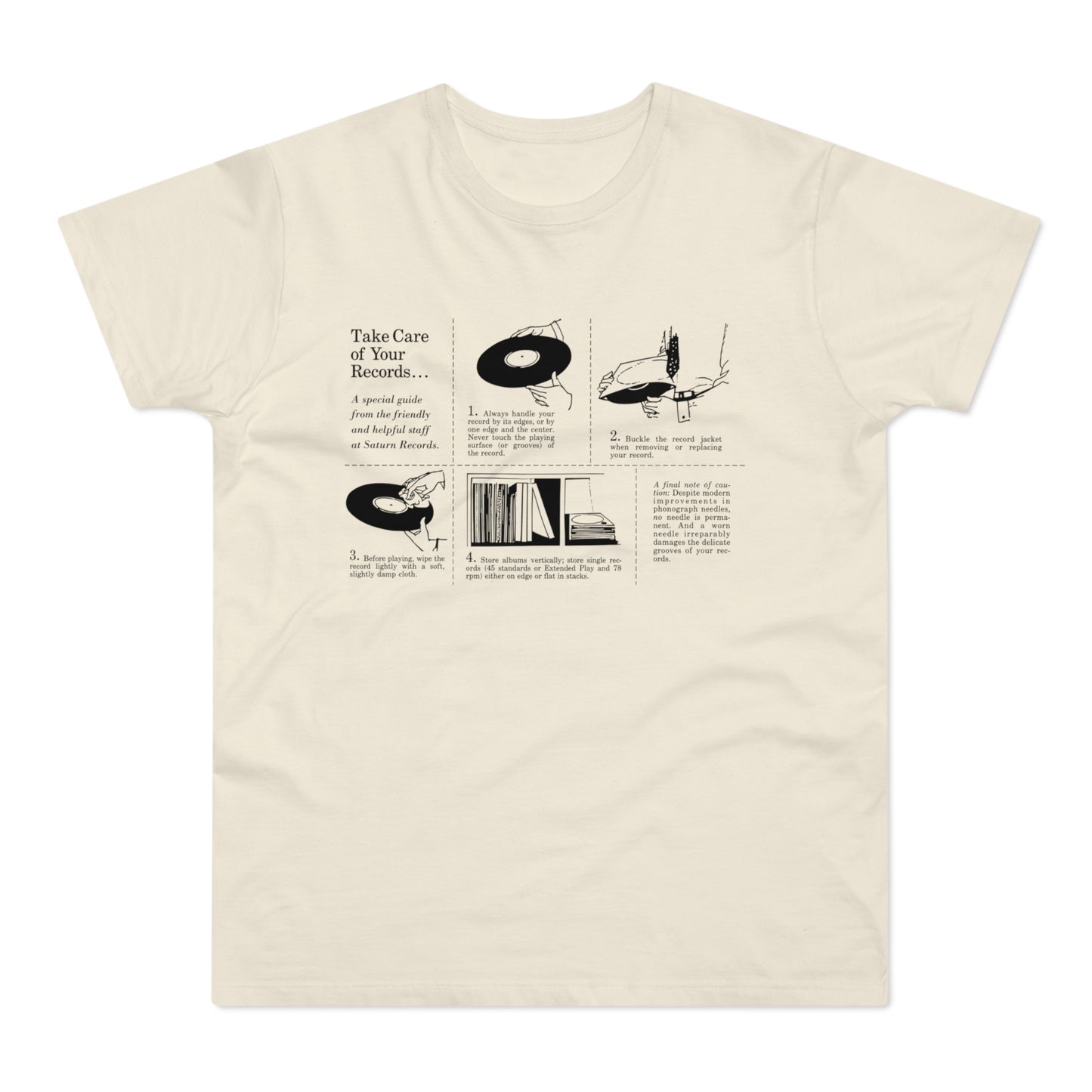 T-shirt graphic with "Take Care of Your Records..." guide from Saturn Records.