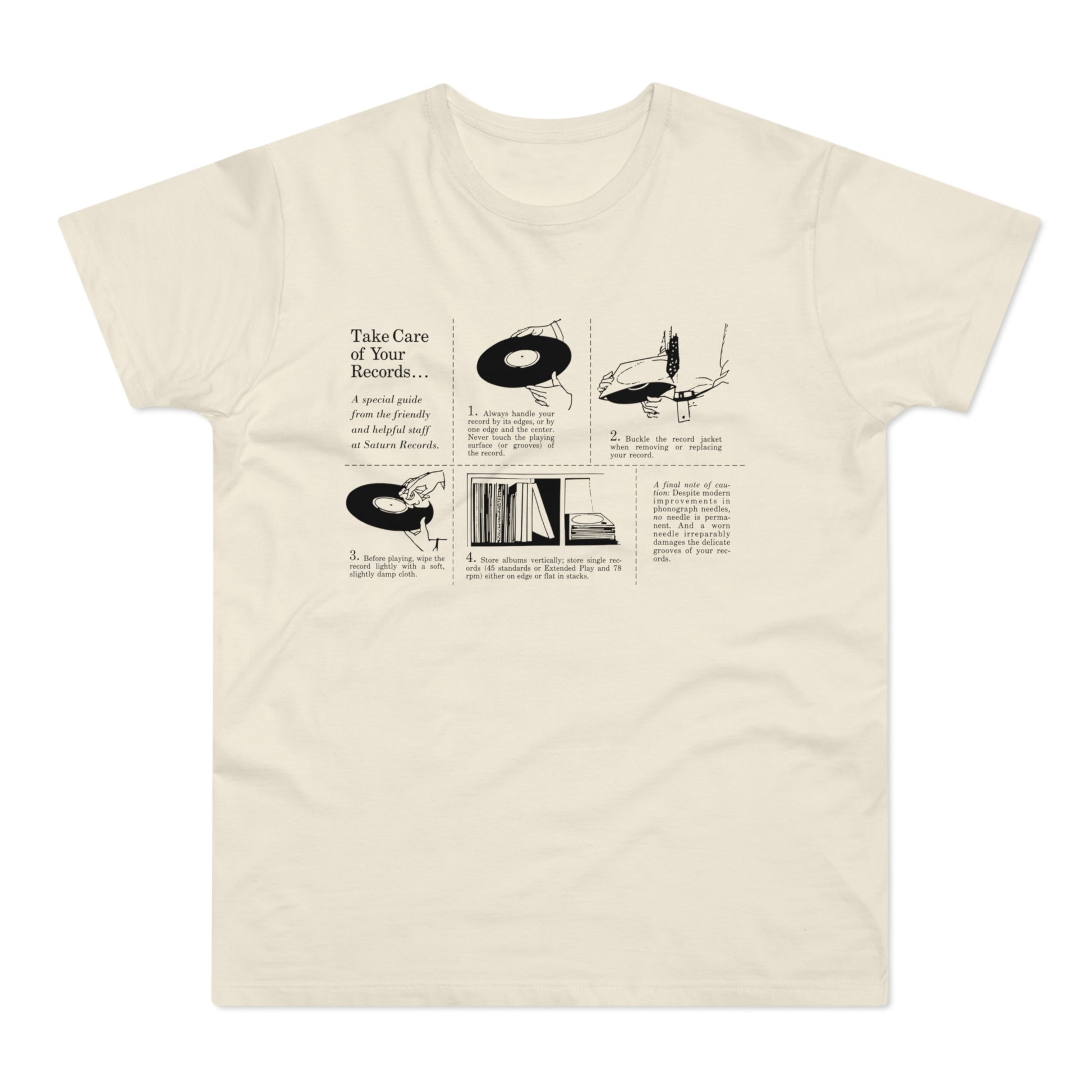 T-shirt graphic with "Take Care of Your Records..." guide from Saturn Records.