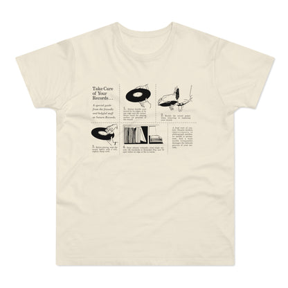 T-shirt graphic with "Take Care of Your Records..." guide from Saturn Records.