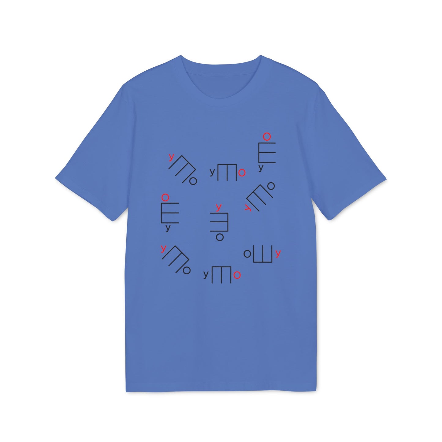 Blue t-shirt with a scattered pattern of abstract shapes and the letter "y".