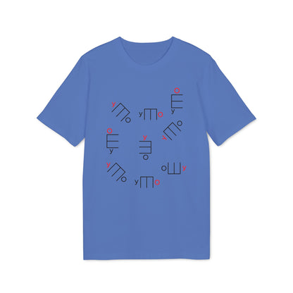 Blue t-shirt with a scattered pattern of abstract shapes and the letter "y".