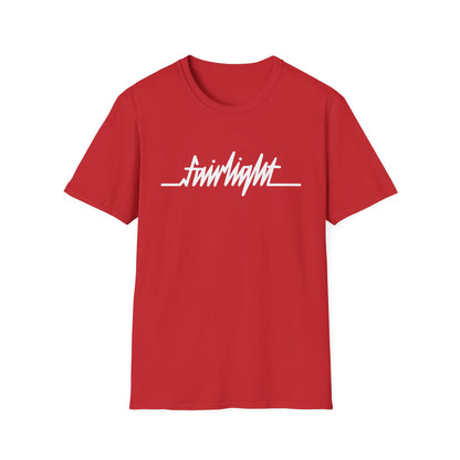 Red t-shirt with white "fairlight" text and line graphic.