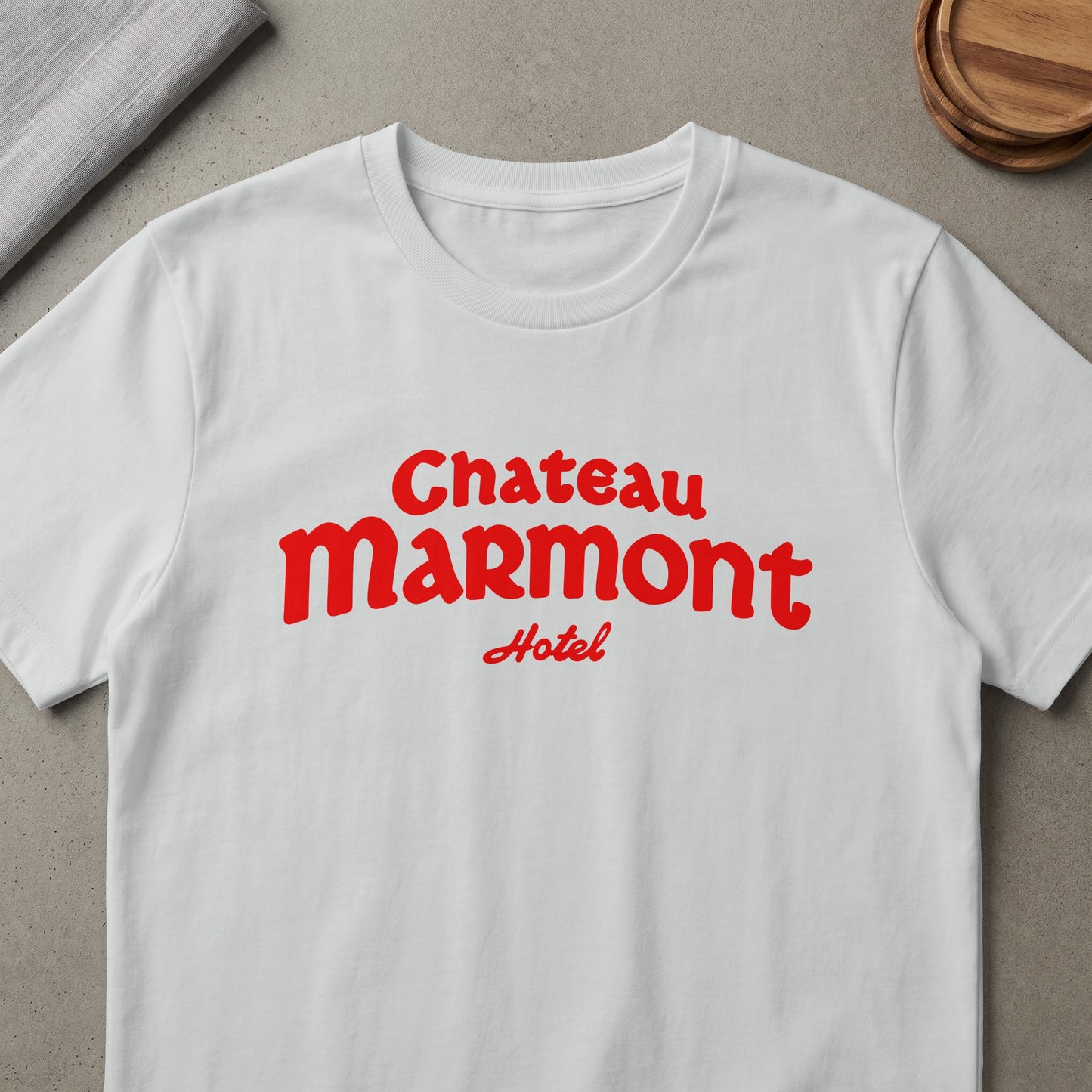 White t-shirt with red Chateau Marmont Hotel text design