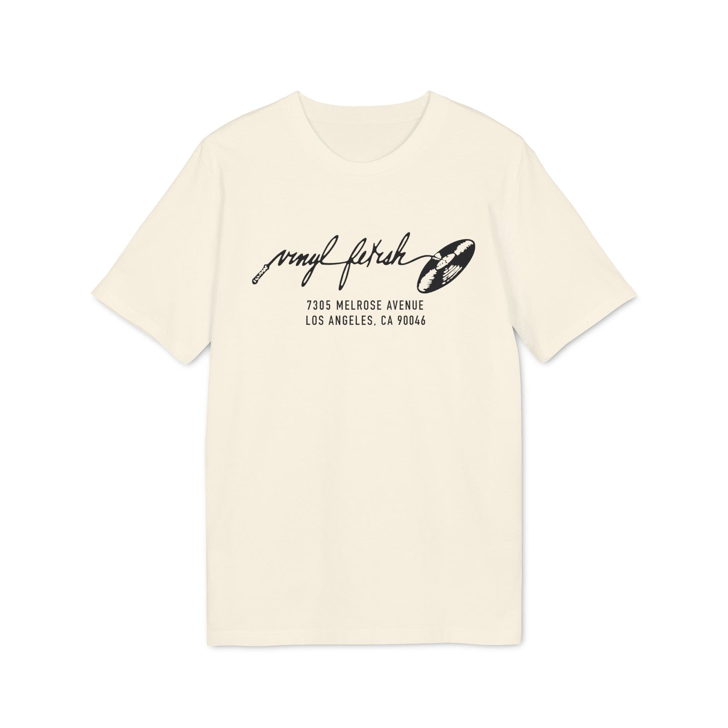 Cream t-shirt with black text and vinyl record graphic.