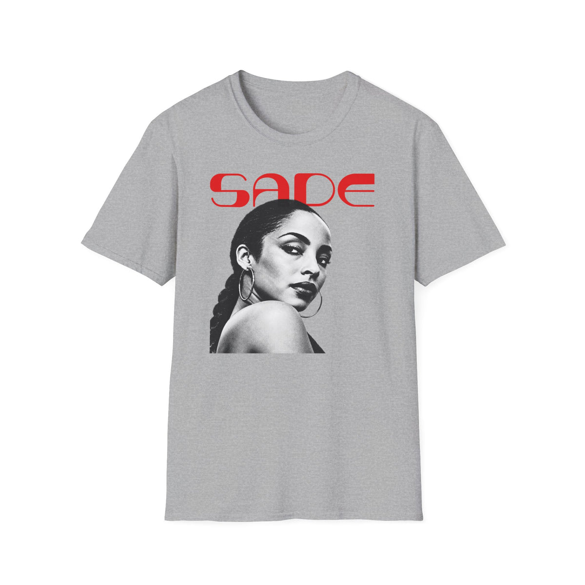 Grey t-shirt featuring red text "SADE" above a black and white portrait of Sade Adu.