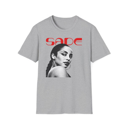 Grey t-shirt featuring red text "SADE" above a black and white portrait of Sade Adu.