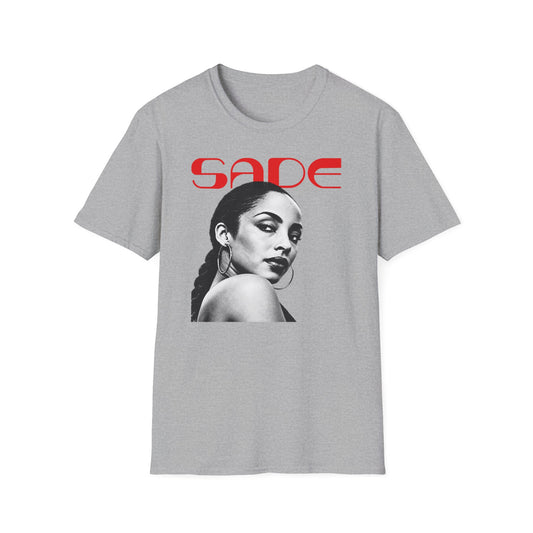 Grey t-shirt featuring red text "SADE" above a black and white portrait of Sade Adu.