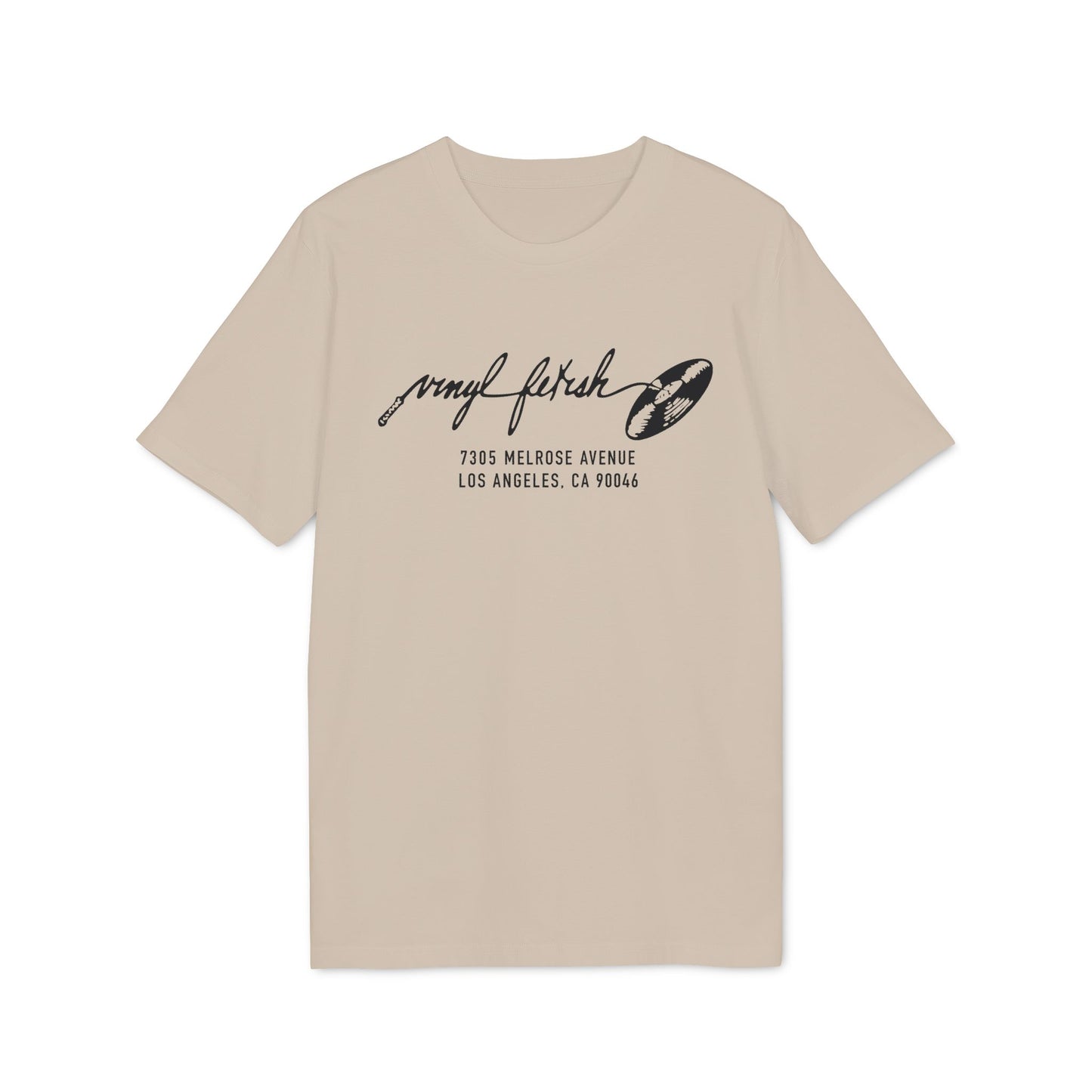 Tan t-shirt with black "vinyl fetish" logo and address: 7305 Melrose Avenue, Los Angeles.