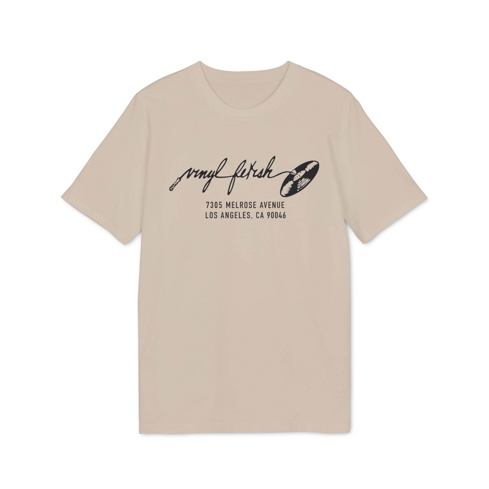 Tan t-shirt with black "vinyl fetish" logo and address: 7305 Melrose Avenue, Los Angeles.