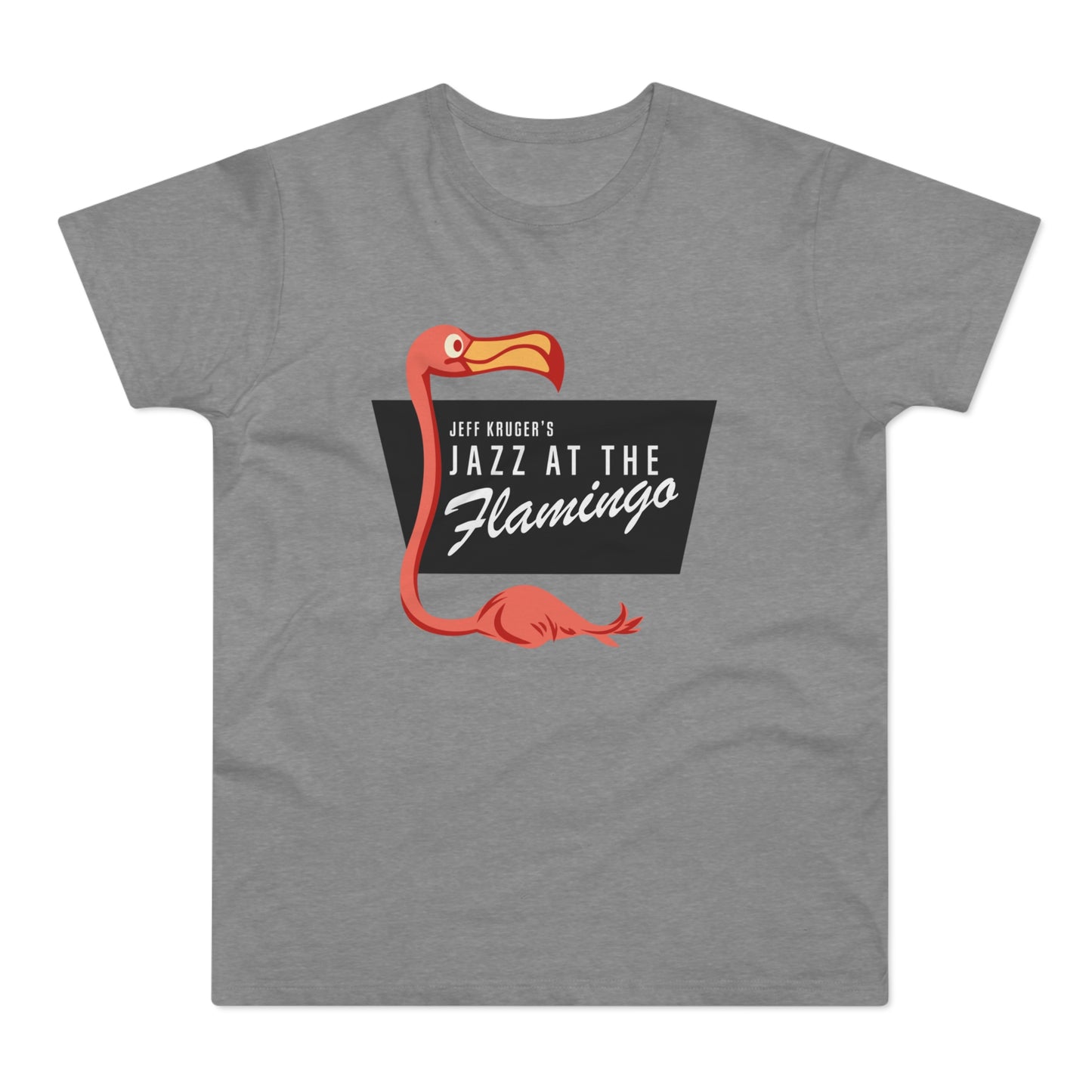 Grey t-shirt with a graphic of a pink flamingo and "Jeff Kruger's Jazz at the Flamingo".