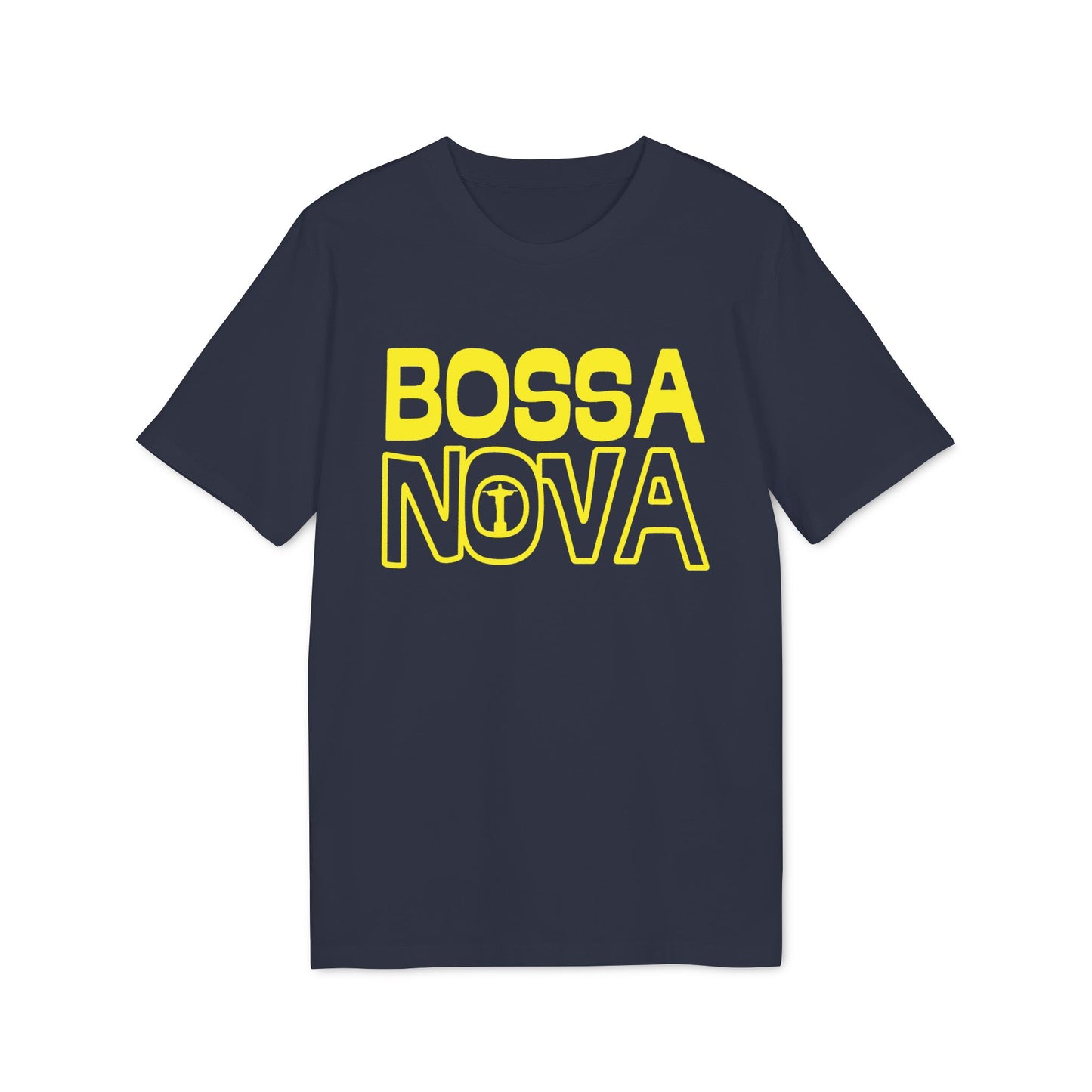 Navy t-shirt with yellow "BOSSA NOVA" text and a globe icon within the "O".