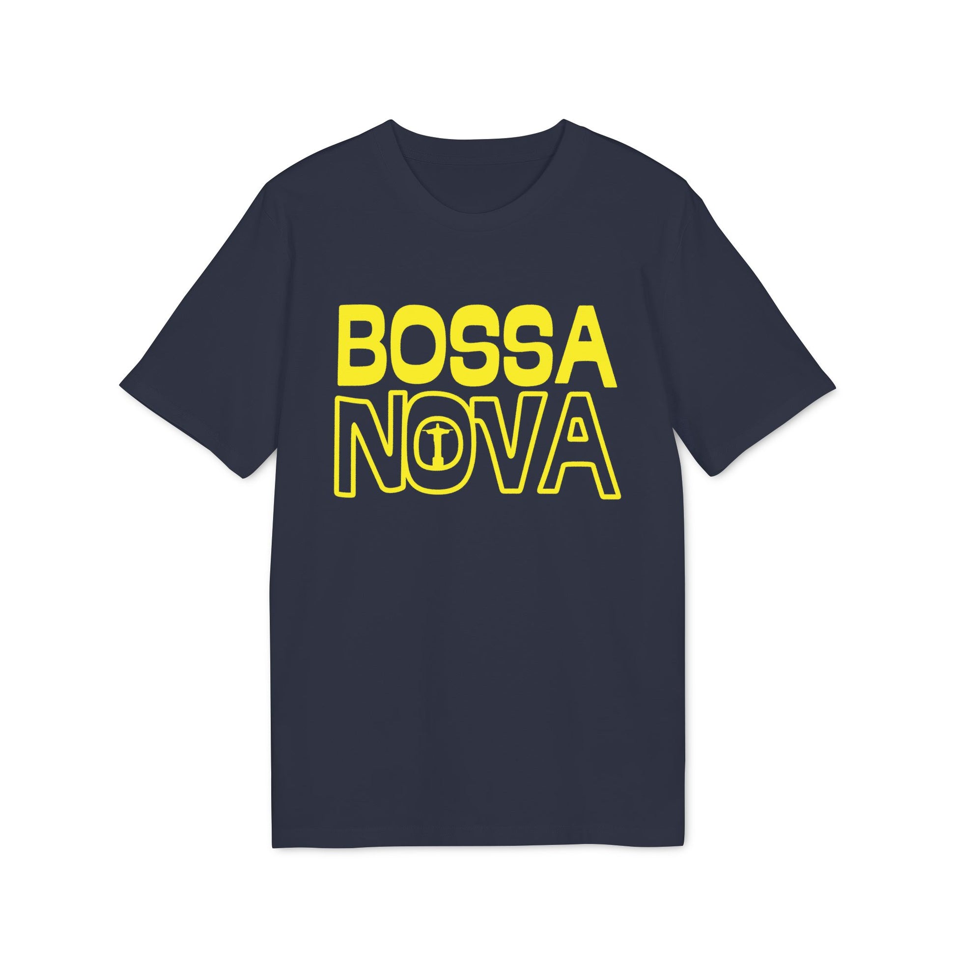 Navy t-shirt with yellow "BOSSA NOVA" text and a globe icon within the "O".