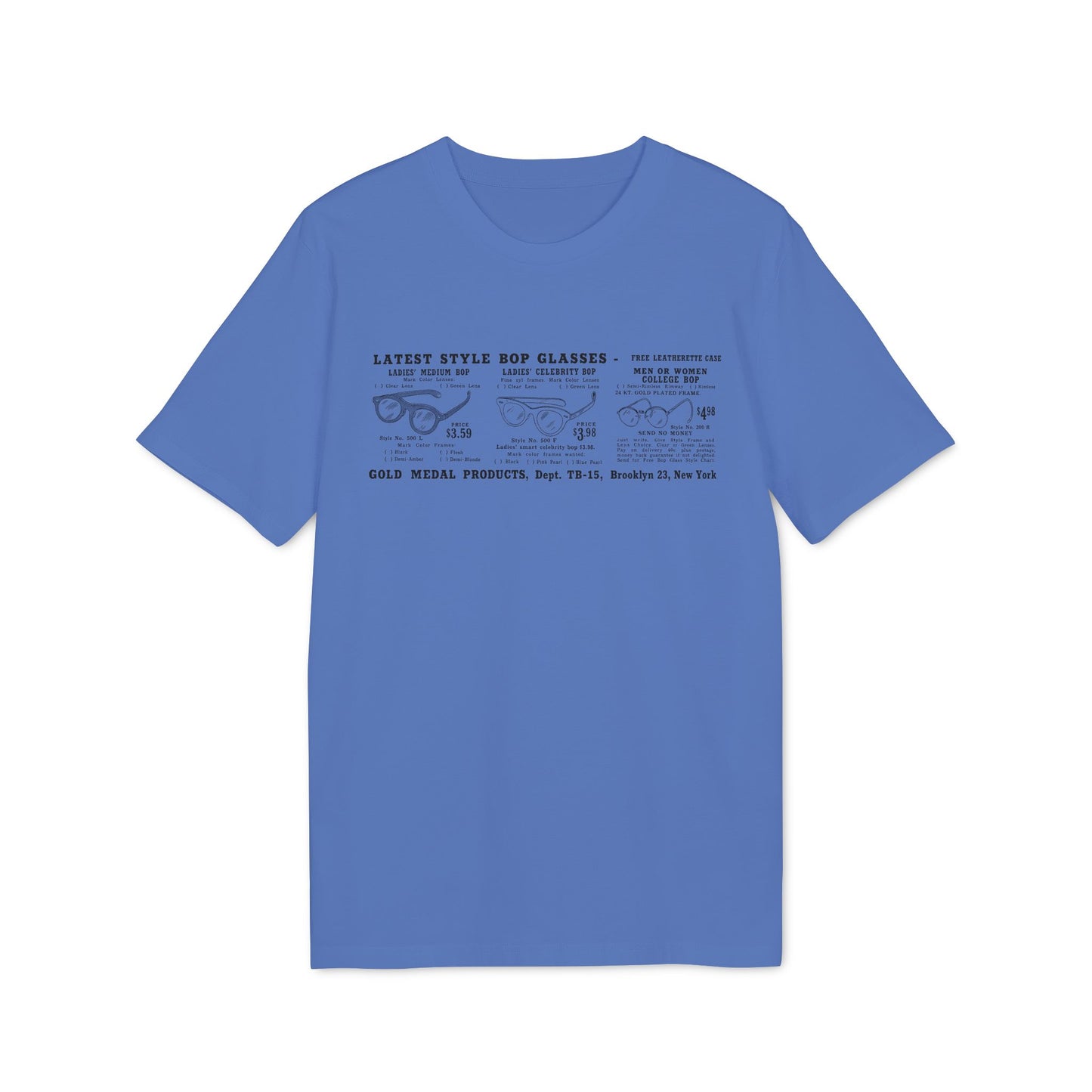 Gold Medal Products advertisement on a blue t-shirt features bop glasses.