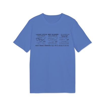 Gold Medal Products advertisement on a blue t-shirt features bop glasses.