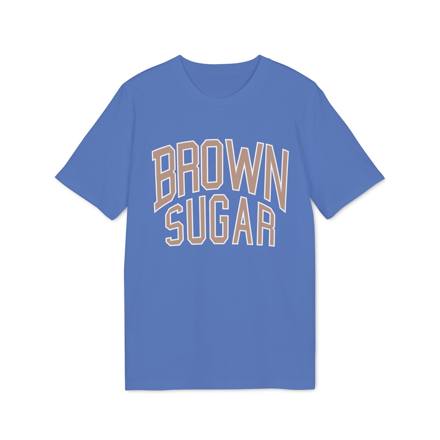 Blue t-shirt with "BROWN SUGAR" text in tan lettering.