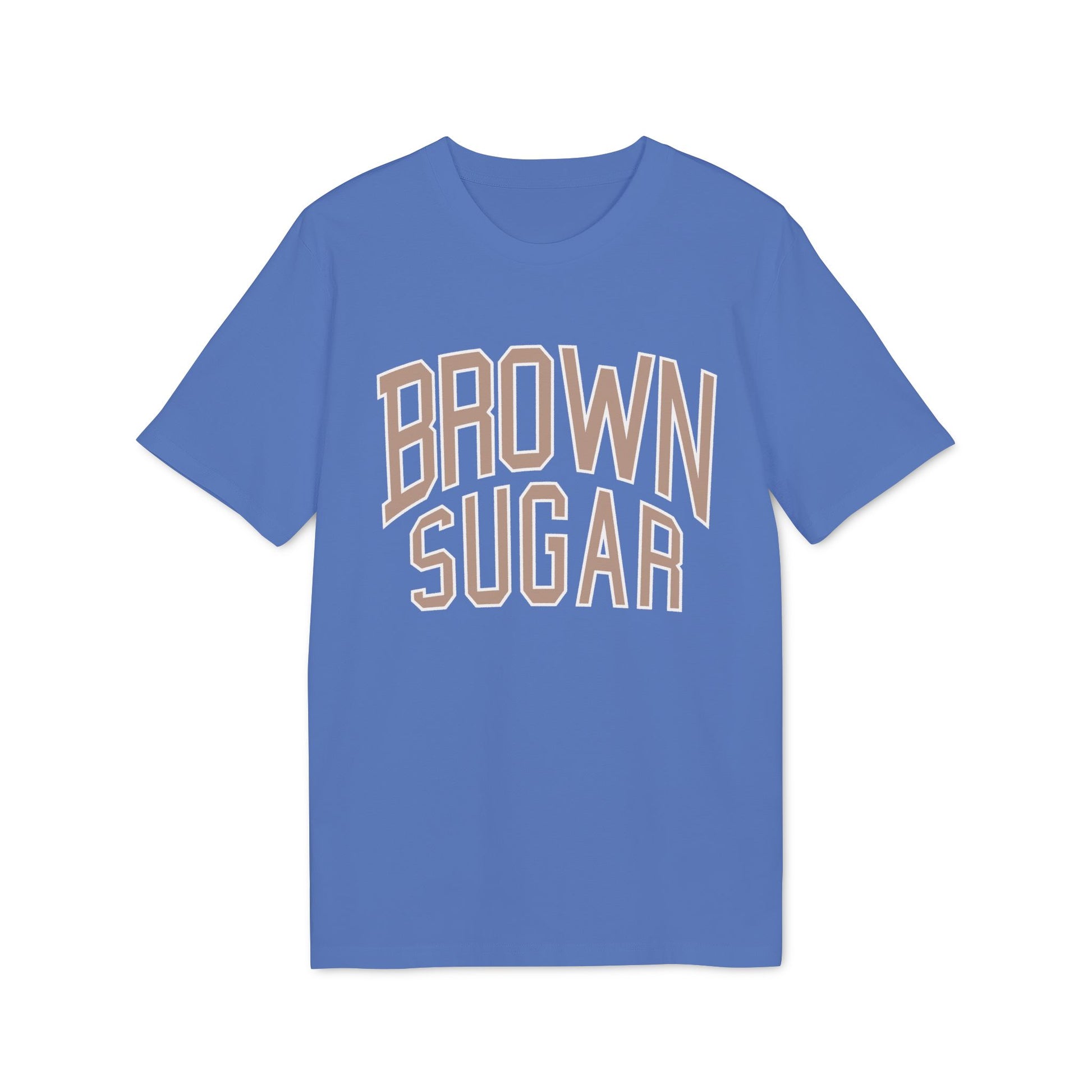Blue t-shirt with "BROWN SUGAR" text in tan lettering.