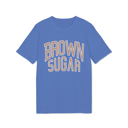 Blue t-shirt with "BROWN SUGAR" text in tan lettering.