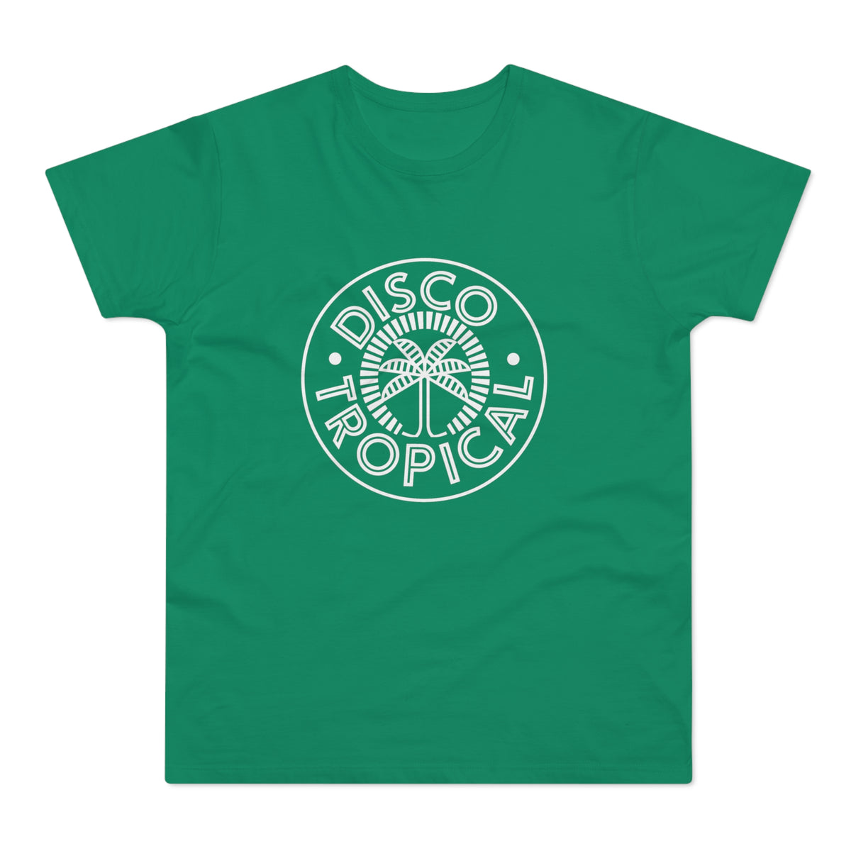 Green t-shirt with white "DISCO TROPICAL" circular logo and palm tree.