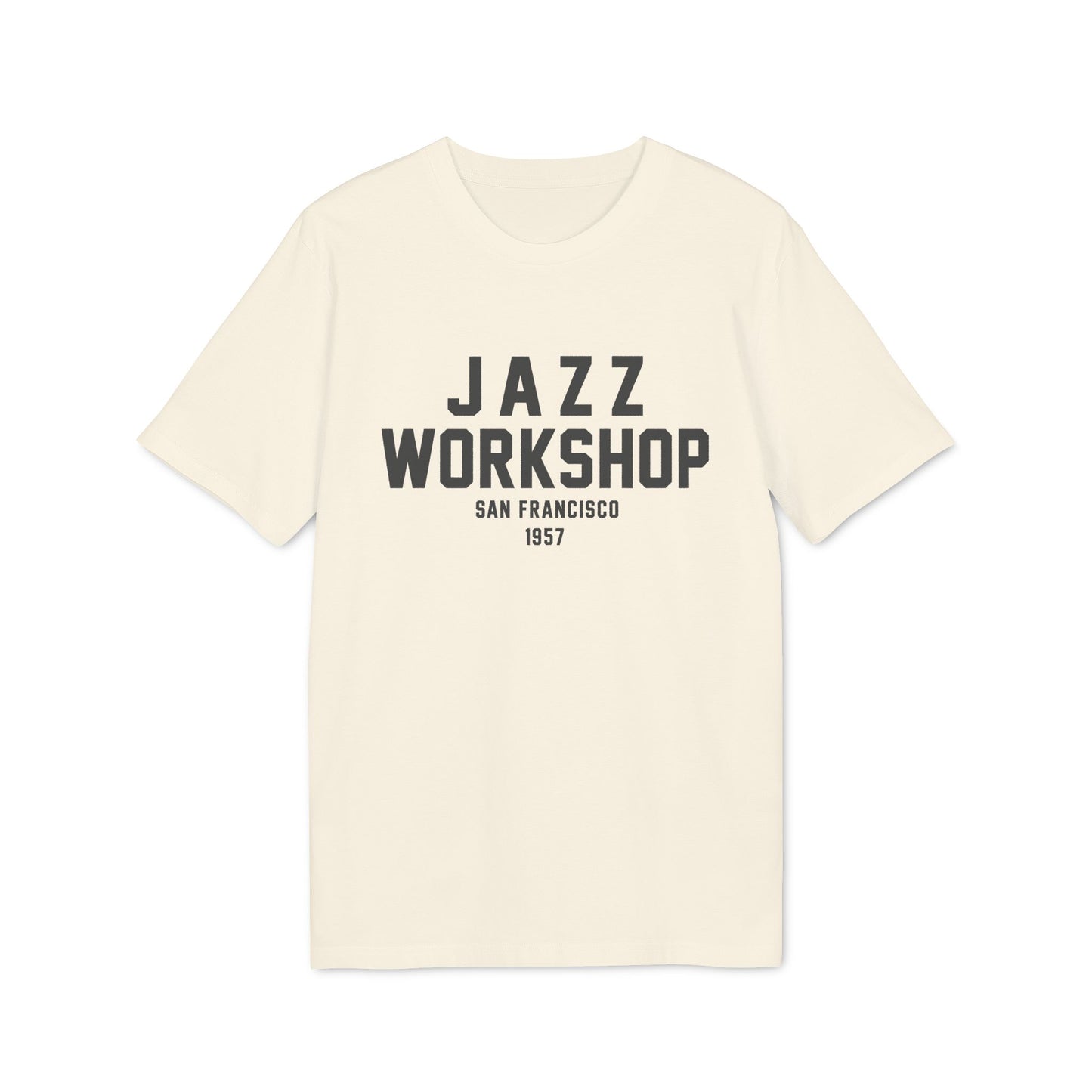 Cream t-shirt with "JAZZ WORKSHOP SAN FRANCISCO 1957" text.