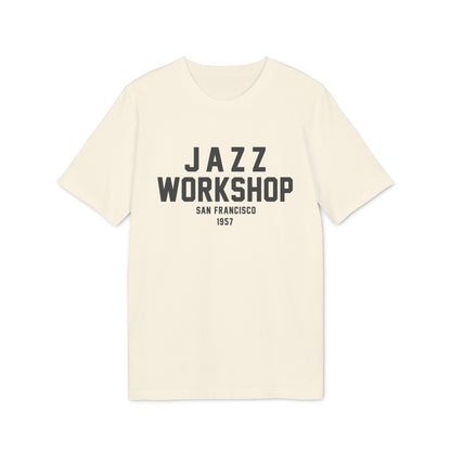 Cream t-shirt with "JAZZ WORKSHOP SAN FRANCISCO 1957" text.