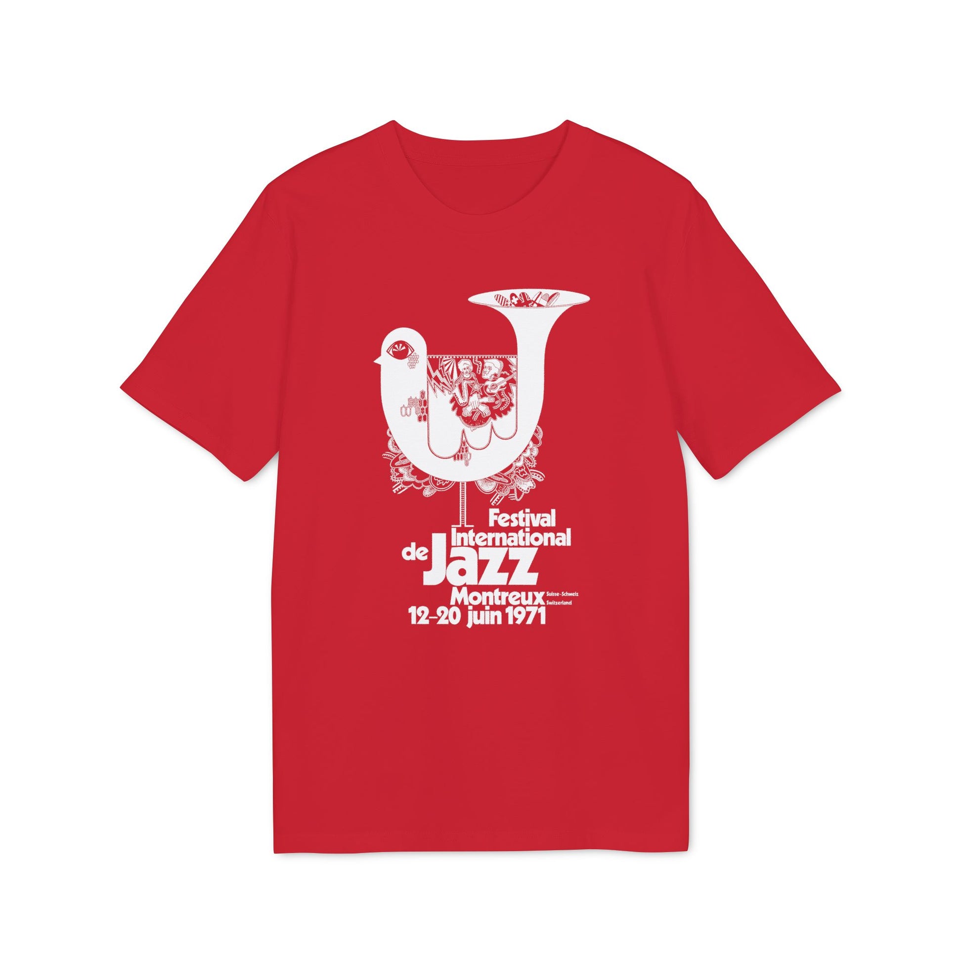 Red t-shirt with white text and bird graphic for Montreux Jazz Festival 1971.