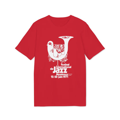 Red t-shirt with white text and bird graphic for Montreux Jazz Festival 1971.