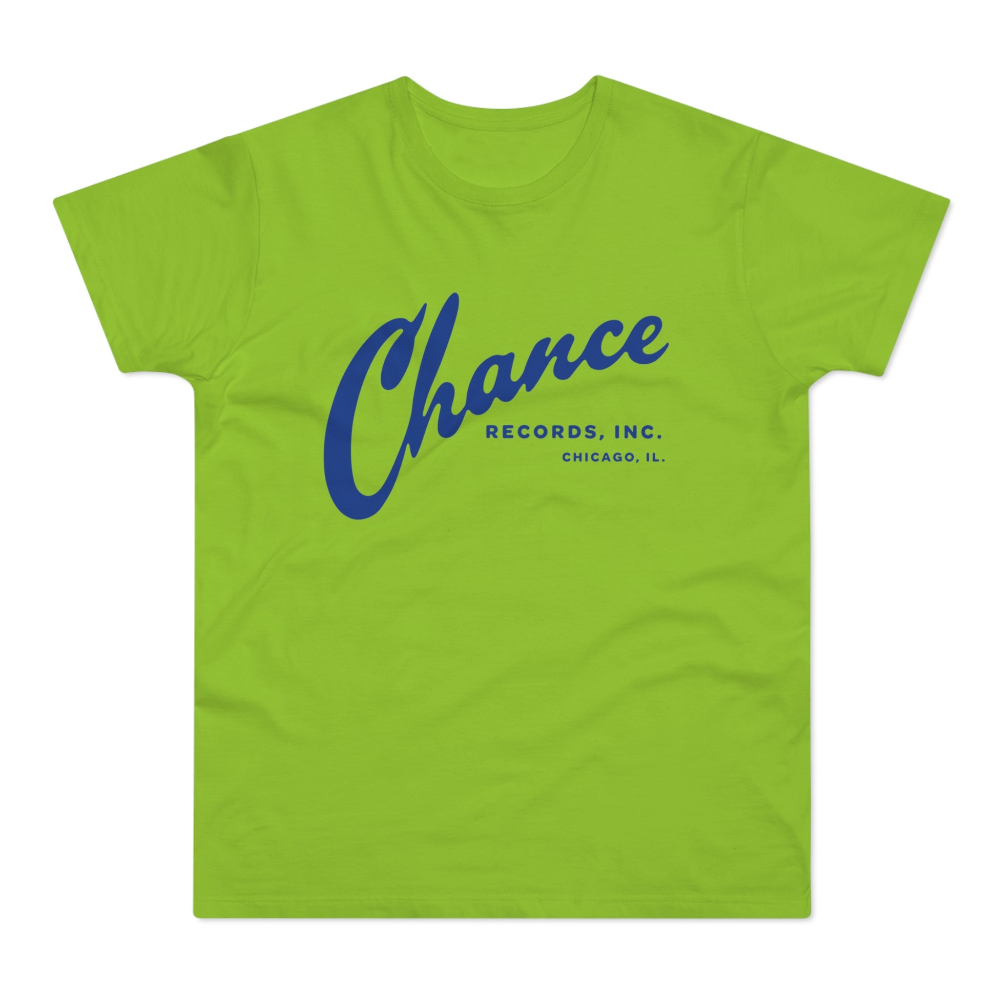 Lime green t-shirt with blue "Chance Records, Inc. Chicago, IL." text.