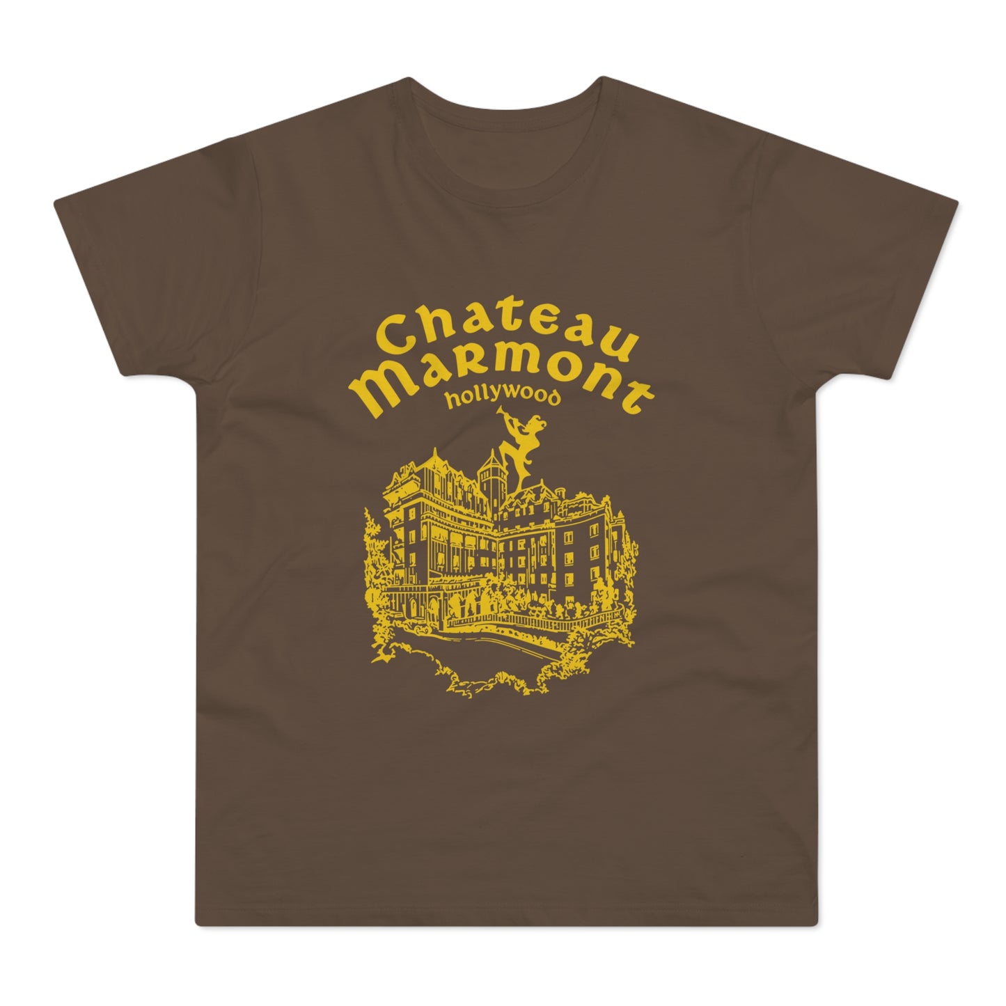 Brown t-shirt with yellow Chateau Marmont Hollywood graphic and building illustration.