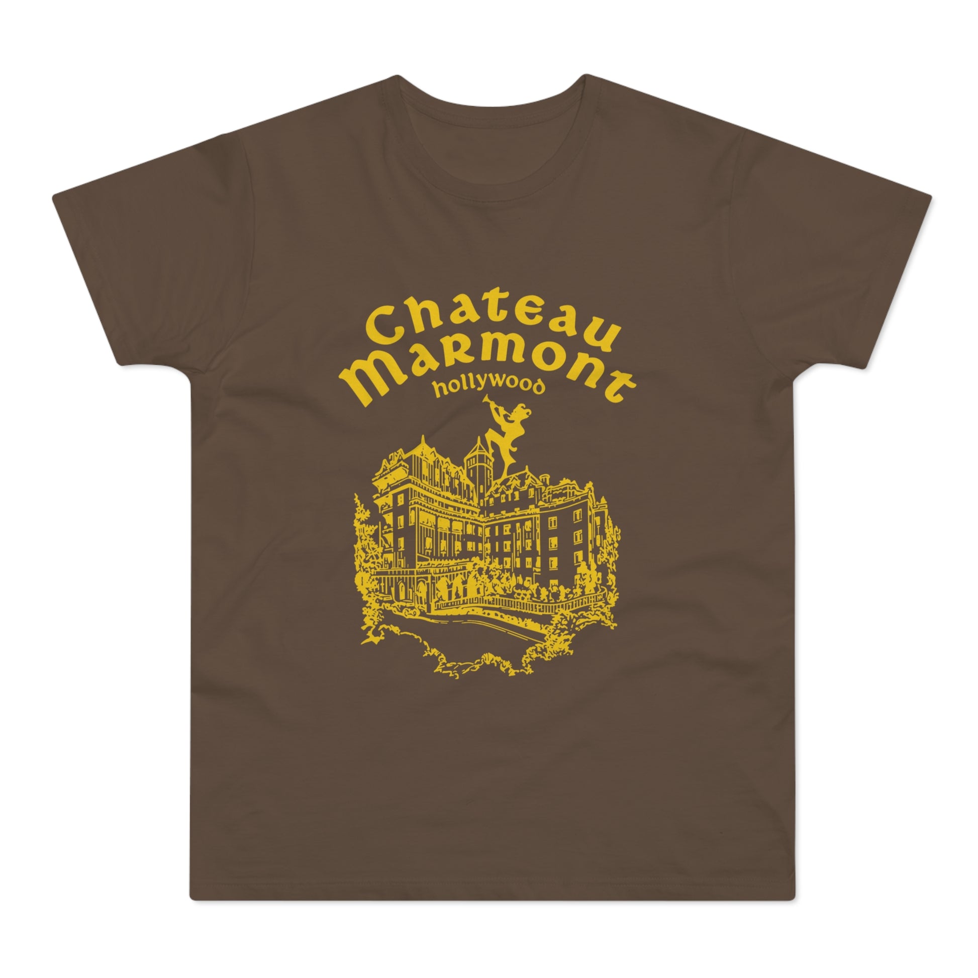 Brown t-shirt with yellow Chateau Marmont Hollywood graphic and building illustration.