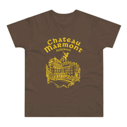 Brown t-shirt with yellow Chateau Marmont Hollywood graphic and building illustration.