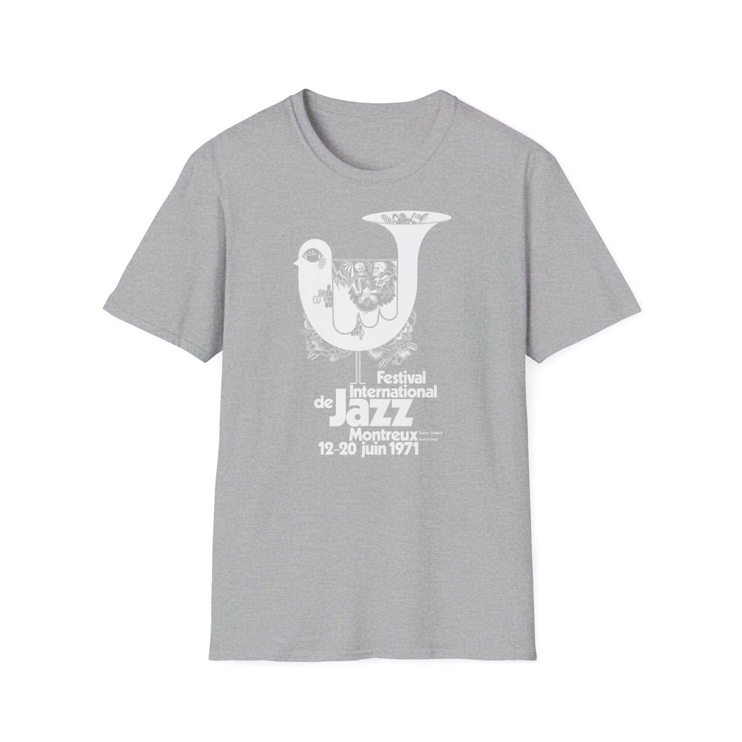 Grey t-shirt with white graphic: Festival International de Jazz Montreux, Switzerland 1971.