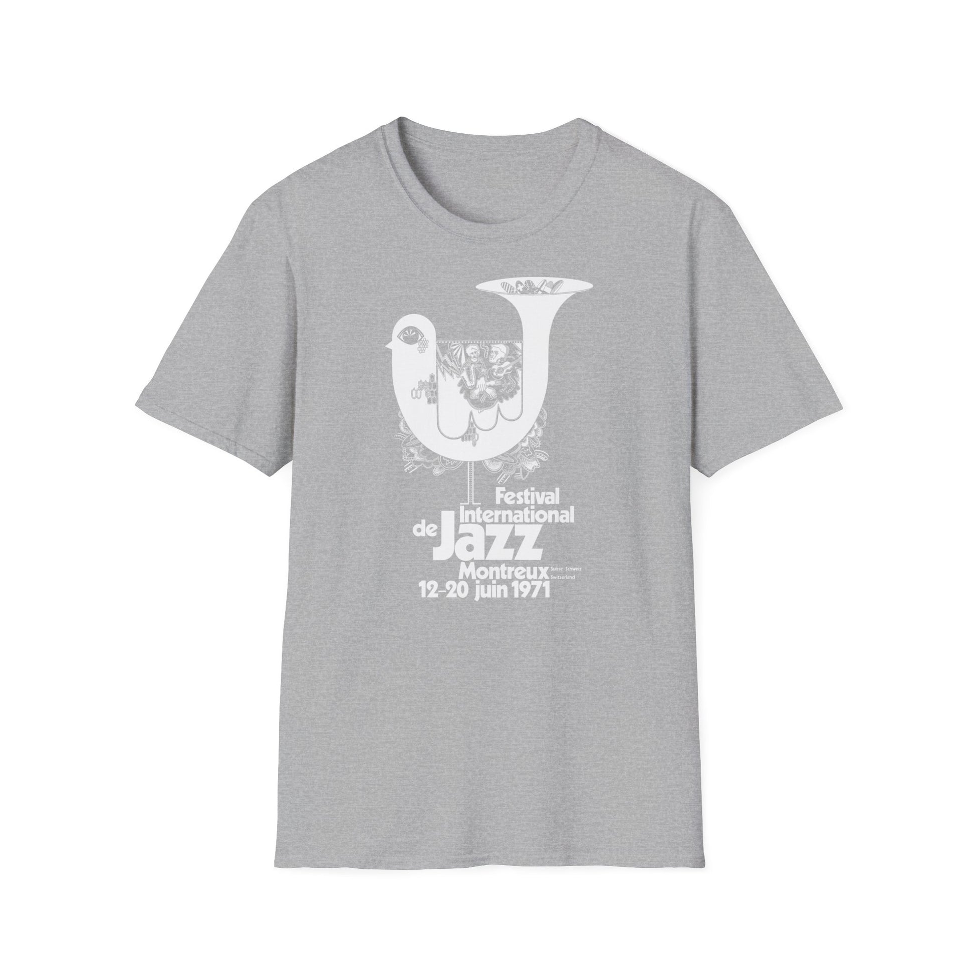 Grey t-shirt with white graphic: Festival International de Jazz Montreux, Switzerland 1971.