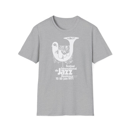 Grey t-shirt with white graphic: Festival International de Jazz Montreux, Switzerland 1971.