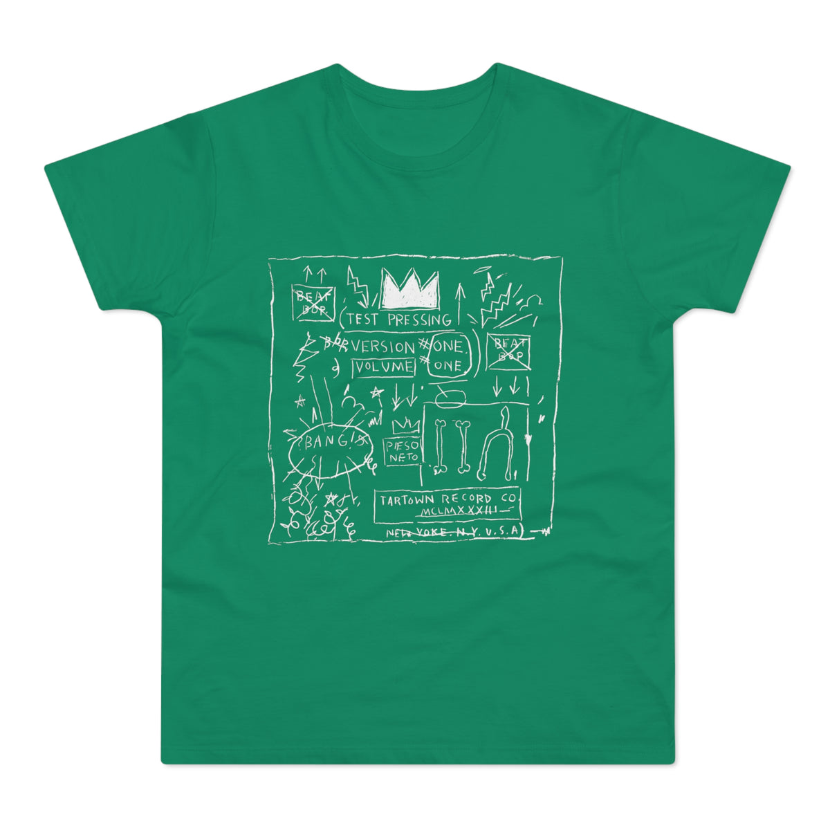 Green t-shirt with white line drawing of crown, text, and abstract shapes.