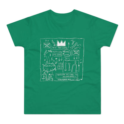 Green t-shirt with white line drawing of crown, text, and abstract shapes.