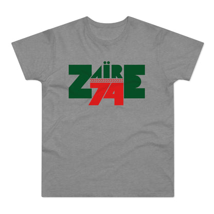 T-shirt with "ZAIRE 74" graphic in green and red with chevron detailing.