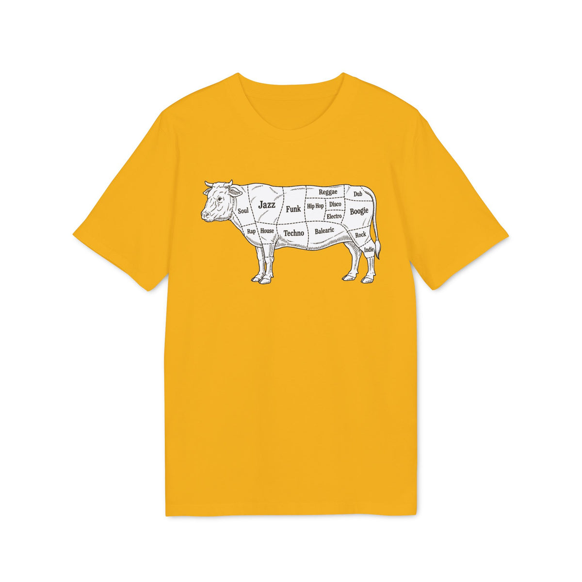 Yellow t-shirt with a drawing of a cow labeled with music genres.