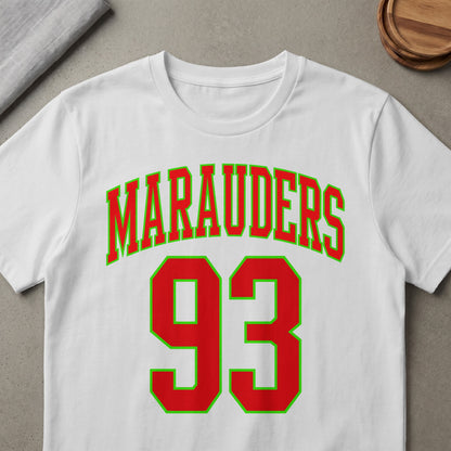 White t-shirt with red and green "Marauders 93" graphic.