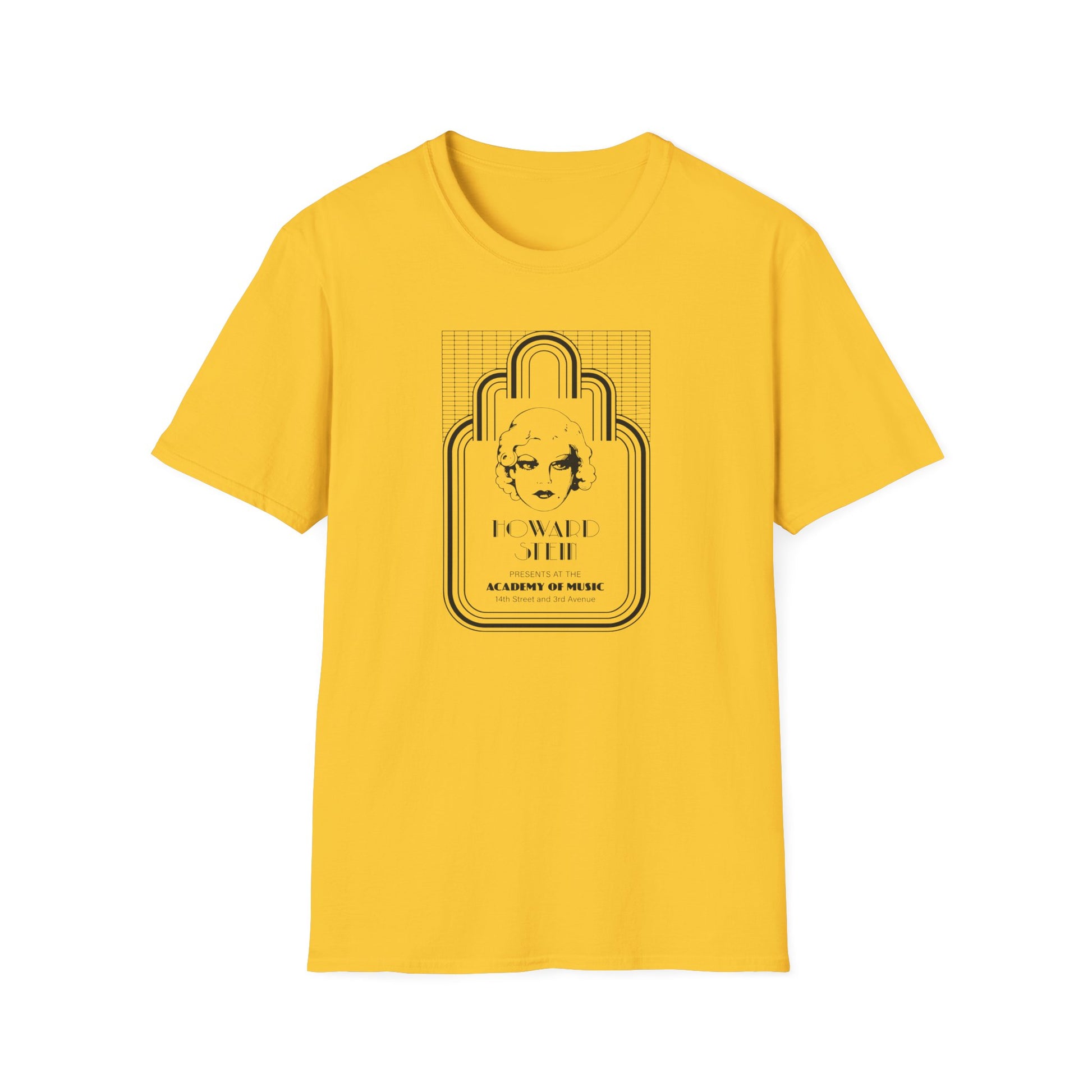 Yellow t-shirt with black graphic for Howard Stein Presents Academy of Music