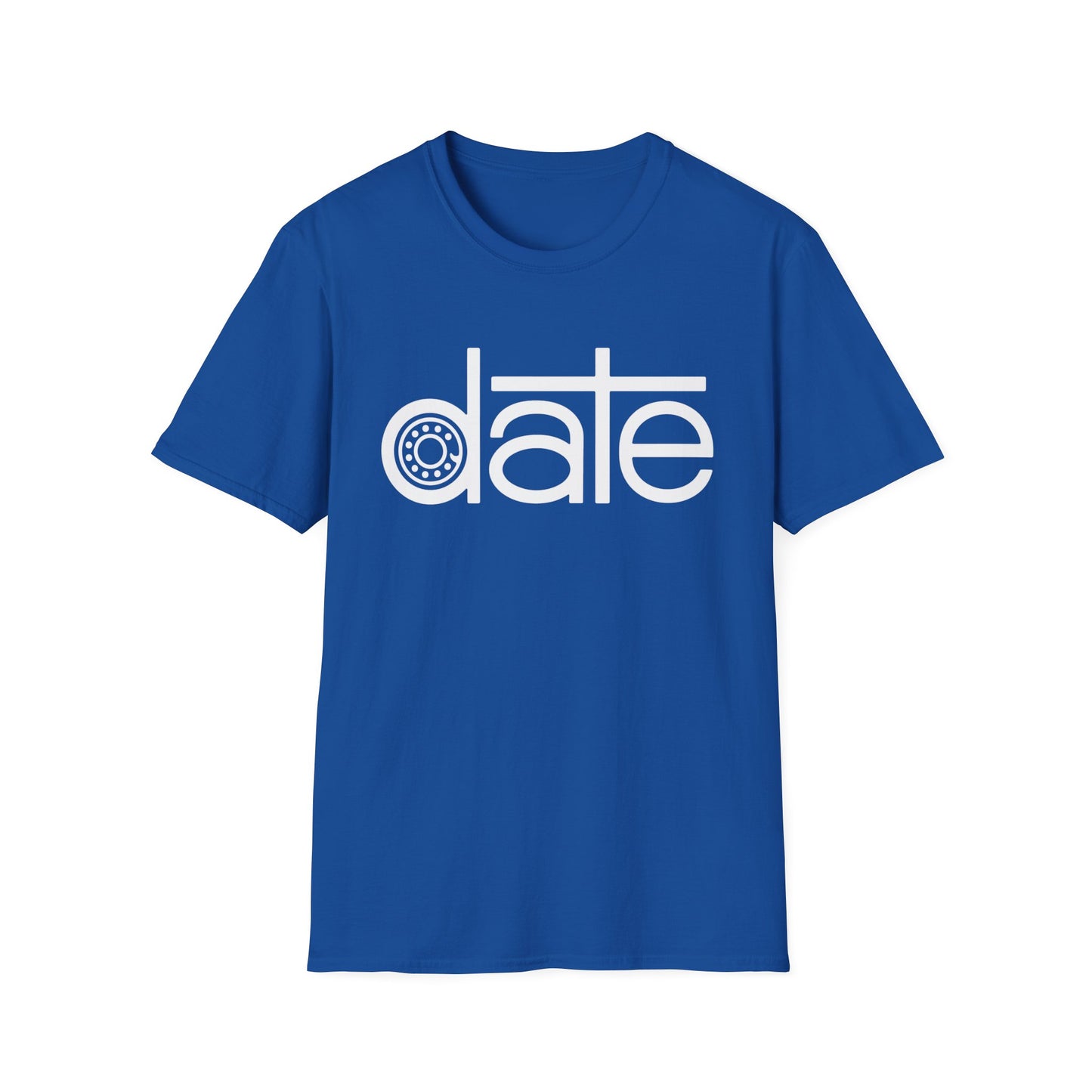 Blue t-shirt with white text that reads "date" with a gear for the 'a'.
